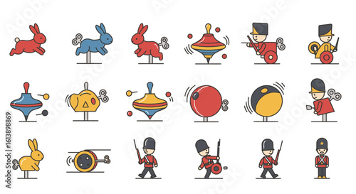 Colorful flat design wind-up toy icons featuring rabbits, soldiers, and spinning tops in various poses.