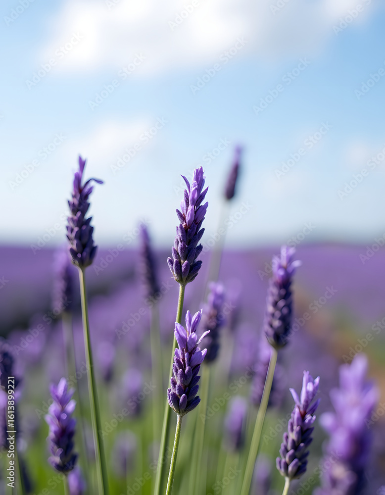 Naklejka premium Close-up of lavender flowers in a sunlit field, capturing the beauty of nature.