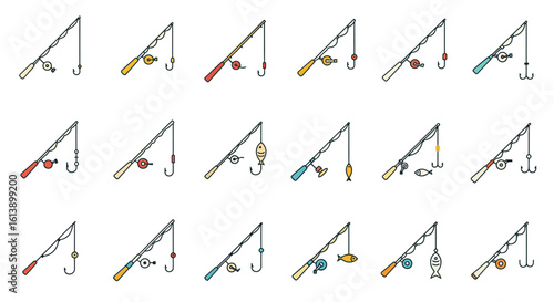 Collection of stylized fishing rods with various colorful lures and hooks