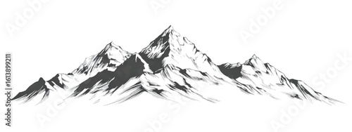 Majestic mountain range illustration monochrome peaks and valleys scenic landscape drawing detailed topography sketch of rugged terrain vector art