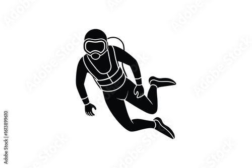Scuba Diver Swimming Underwater in Black and White Silhouette Style Illustration scuba diver swims underwater The