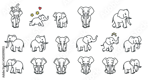 Collection of Simple Black Line Art Elephant Illustrations in Various Poses