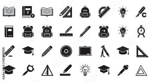 Collection of Black and White Education Icons: Books, Backpacks, Pencils, and More