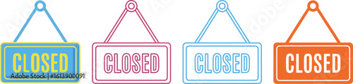 Four colorful hanging signs announcing business closure in different styles