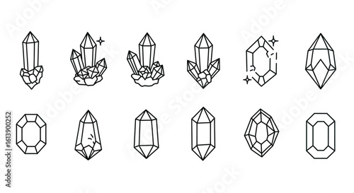 Collection of Stylized Geometric Crystal and Gemstone Line Art Icons