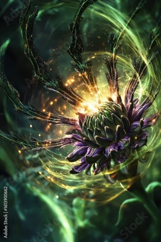 Mystical glowing flower surrounded by energy fields, symbolizing healing, inner power, and connection to nature. Perfect concept for spirituality, meditation, wellness, and natural energy visuals