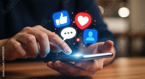 Ai generated image of person using a smartphone with social media icons floating above the screen in a digital world