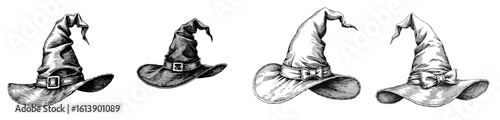 Set of vintage black and white sketch of witch hats on white background for Halloween  