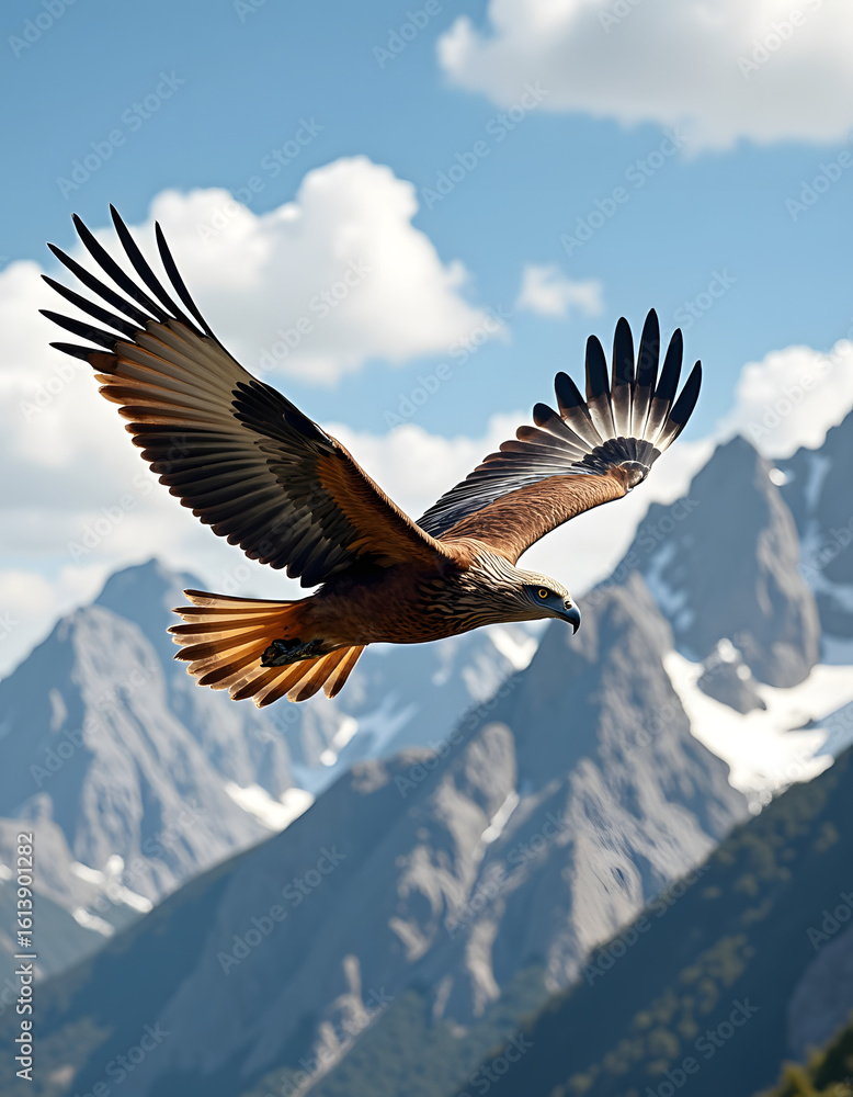 Fototapeta premium Magnificent red kite in flight over stunning mountain scenery with clouds