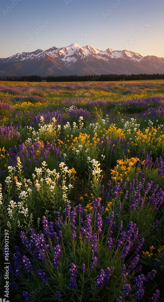 Obraz premium Wildflower field in full bloom with snow-capped mountains in background 