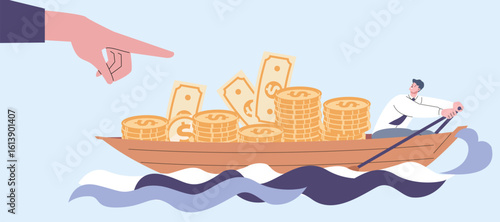 Corruption, theft of large amounts of money. Corrupt official escapes on boat with coins and banknotes. Social condemnation of wealth, vector finance concept