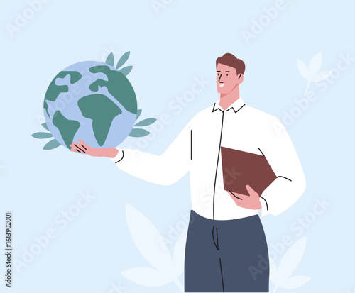 Man holding earth in hand. Geography teacher or scientist character. Save the planet concept, support environment and ecology, flat vector scene