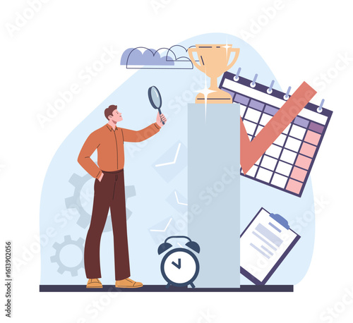 Man looking in magnifying glass on hard working perspectives. Office manager, teamleader, boss or employee. Young male character, career vector concept