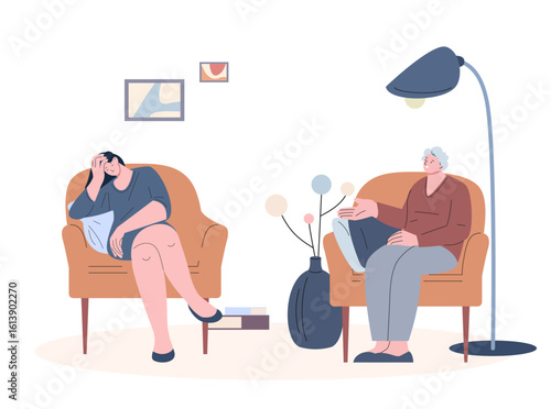 Psychology therapy. Young exhausted and sad girl at session with psychologist. Senior woman talking with daughter or grandchild, vector scene
