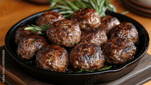 Roasted meatballs in cast iron skillet, rosemary sprigs