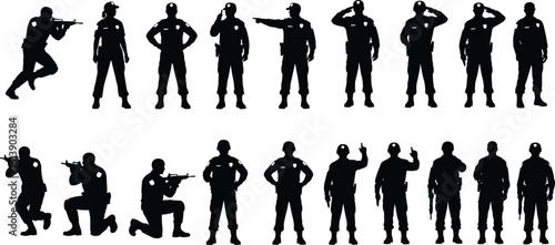 Military and police silhouette collection, tactical soldier poses, armed officers in uniform, standing and kneeling action positions, security defense vector, law enforcement illustration