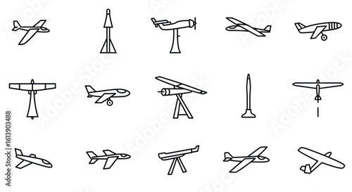 Minimalist Line Art Aircraft Icons Set: Airplanes, Gliders, and Rockets
