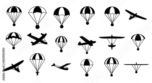 Black and White Parachutes and Airplanes Vector Icons Set