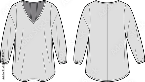 Women's Relaxed Fit V-Neck Blouse Fashion Flat Sketch, Long Sleeve Top Design Template, Casual Apparel Mockup, Everyday Wear, Technical Drawing