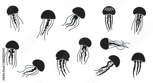 Black Jellyfish Silhouettes with Tentacles, Marine Life Illustration
