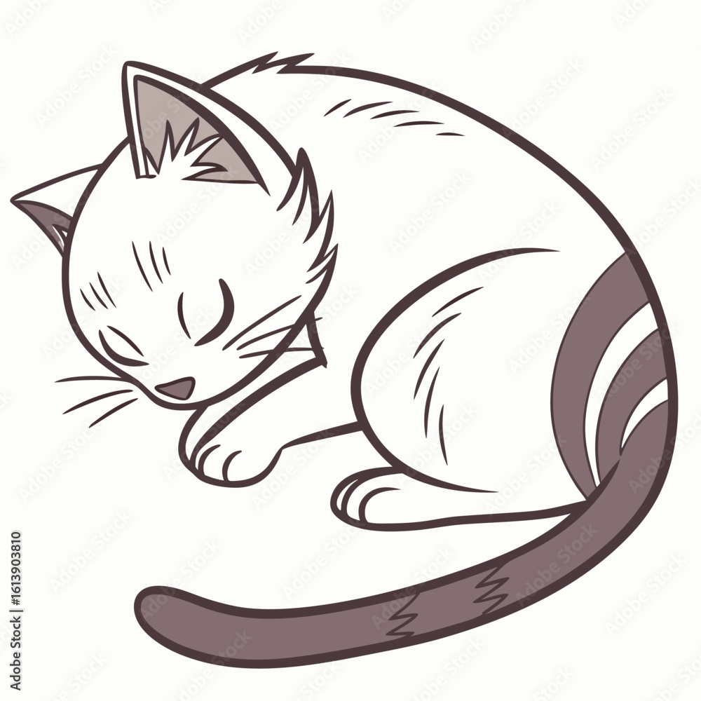 Naklejka premium Illustrate a cat curled up in a sleeping position, using clean black outlines