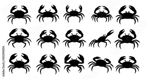 Collection of Black Silhouette Crab Icons with Varied Poses