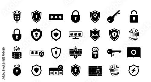 Collection of Black Security Icons: Shields, Locks, Keys, and Passwords