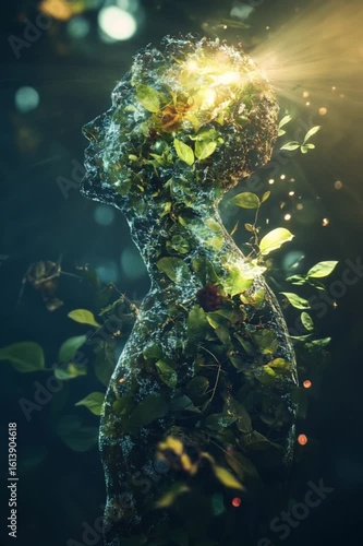 Futuristic digital illustration of a human figure dissolving into glowing green leaves, symbolizing connection with nature, sustainability, and eco-consciousness. Concept art blending technology, spir