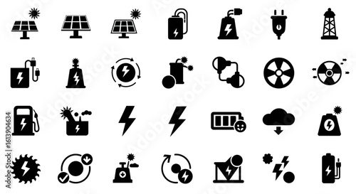 A comprehensive set of black glyph icons representing various forms of energy and power.
