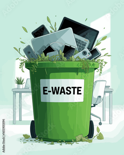 E-Waste Recycling Illustration – Overflowing Green Bin with Electronic Devices in Modern Office Setting.
