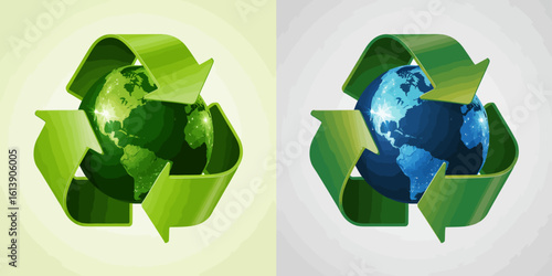 Dual Earth Recycling Icons – Green and Blue Globe with Arrows for Sustainability and Environmental Awareness.