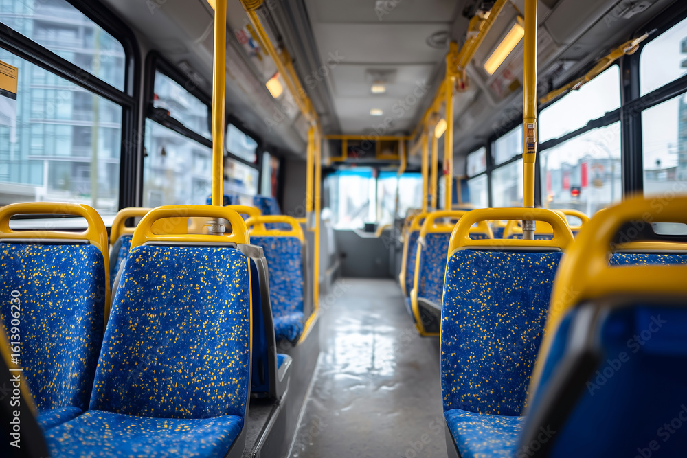 Fototapeta premium Interior of modern public city bus with empty blue patterned seats and yellow handrails in bright urban setting