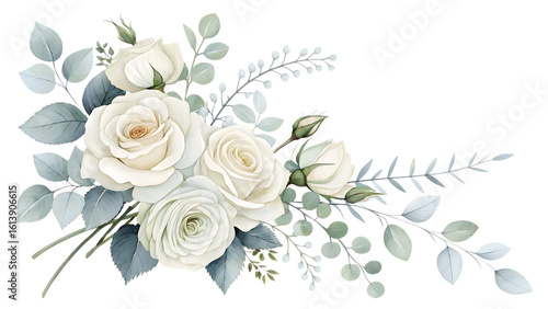 Fototapeta Naklejka Na Ścianę i Meble -  Elegant watercolor floral arrangement featuring delicate white roses and eucalyptus leaves creating a beautiful border design isolated on transparent background