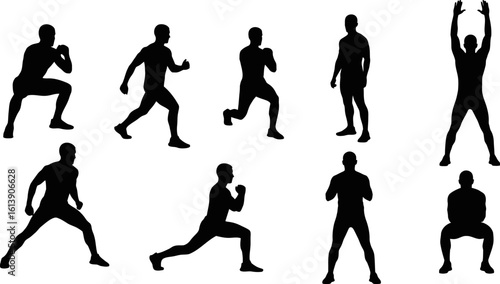 Silhouettes of men performing various fitness exercises and sports activities