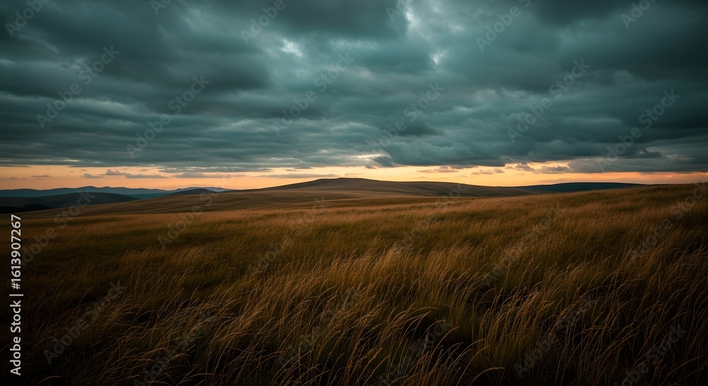 Fototapeta premium Dramatic Landscape Golden Field Under Stormy Sky - Tranquil Meadow View