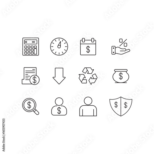business and finance icon set featuring calculator, calendar, document, dollar, recycle, shield, people, and money bag on white background