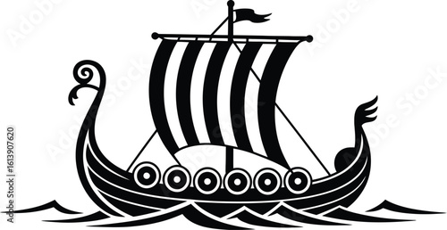 A stylized black and white illustration showcases a Viking longship sailing on stylized waves, featuring striped sails and decorative elements, evoking historical seafaring and Norse culture.