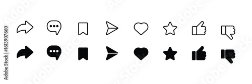 Like, Share, Comment, Heart, Thumb, Star, Minimal Social Media Vector Icon Set - Flat and Line Style, Social Media Interface Icons for Social Media Interaction