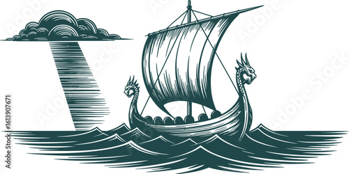 A stylized Viking longship with dragon figureheads sails on a choppy sea beneath a cloud with rays of light, rendered in a vintage woodcut style illustration for nautical themes.