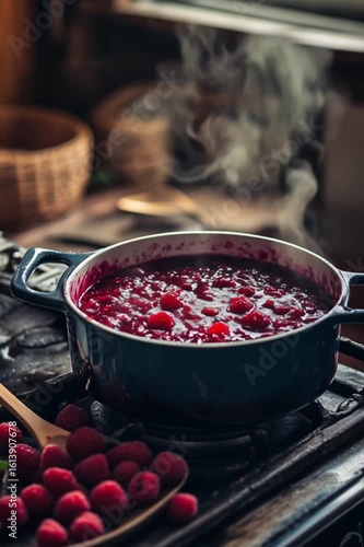 Homemade Raspberry Jam Cooking on Stove in Cozy Kitchen