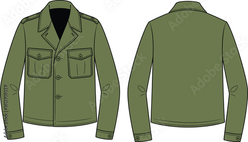 Olive Green Military Style Jacket Front and Back View, Classic Army Surplus Field Coat, Khaki Drab Outerwear, Vintage Inspired Utility Design, Men's Fashion Apparel, Adobe Stock.