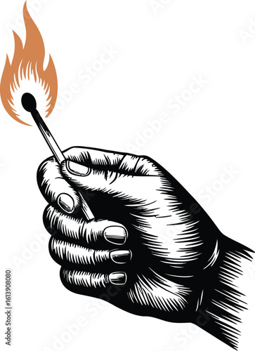 A hand holds a burning matchstick, depicted in a vintage woodcut style, showcasing the flame and intricate details of the hand, perfect for illustrations and graphic designs.