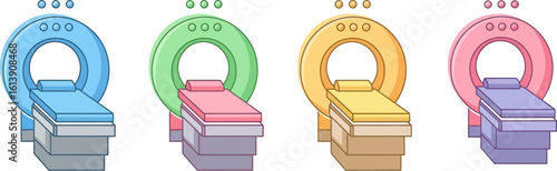 Four colorful mri machines with different sized openings and beds