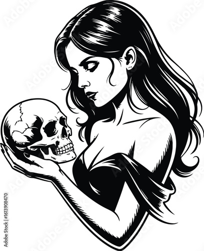 Elegant woman with flowing hair gazes at a skull in her hands, rendered in a striking black and white vector illustration, perfect for gothic themes and artistic designs.