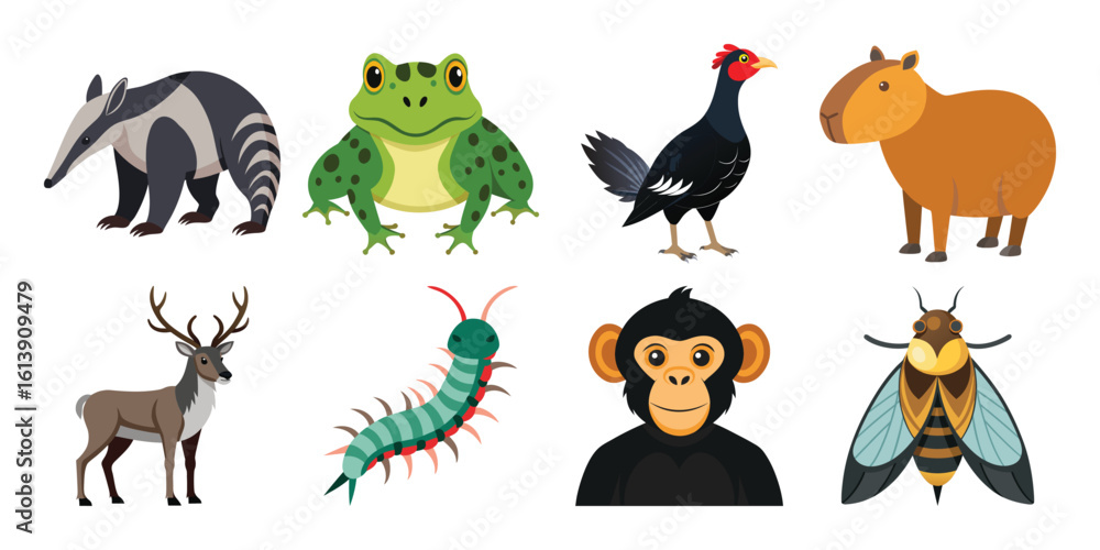Obraz premium Cheerful a Vector Cartoon Animal Set: Anteater, Frog, Capybara, Chicken, Deer, Centipede, Chimpanzee, Moth.