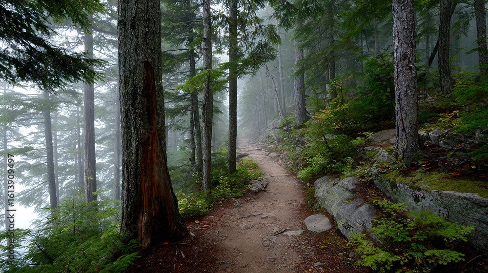 Obraz premium A trail winds through a dense forest on a foggy day in the Adirondack-Shasta region of Washington