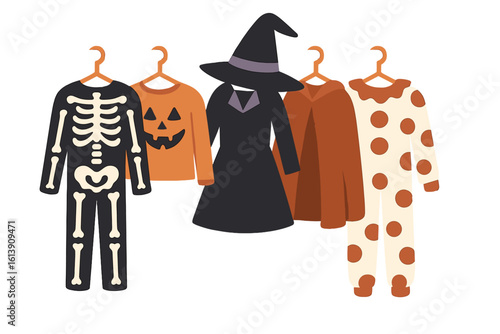 Vector illustration of Halloween costumes on hangers, including witch, skeleton, imp girl, vampire, and pirate kids costumes, along with red and black holiday items, Halloween balloons, and a