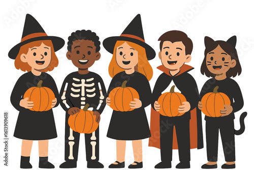 Kids dressed in Halloween costumes, including a witch, a pumpkin, and a hooded figure, are shown holding pumpkins in a cartoon