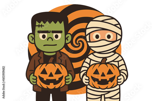 Adorable cartoon youngsters, depicted as zombies and mummies, are shown with pumpkins on Halloween