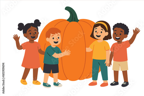 Kids crowd around a fanciful pumpkin figure, reveling in Halloween celebrations